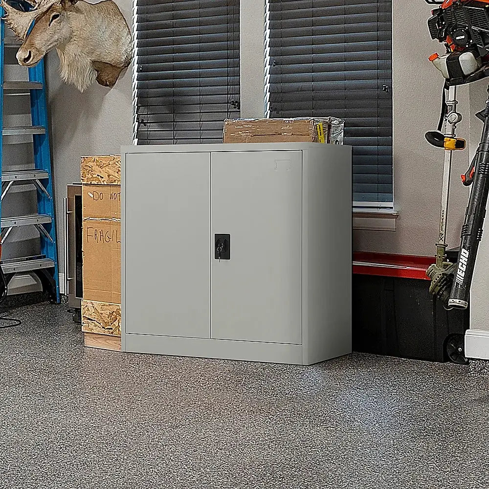 Two-Door Metal Short Cabinet Shelf Storage for Home Office Gym - Furniture > Office