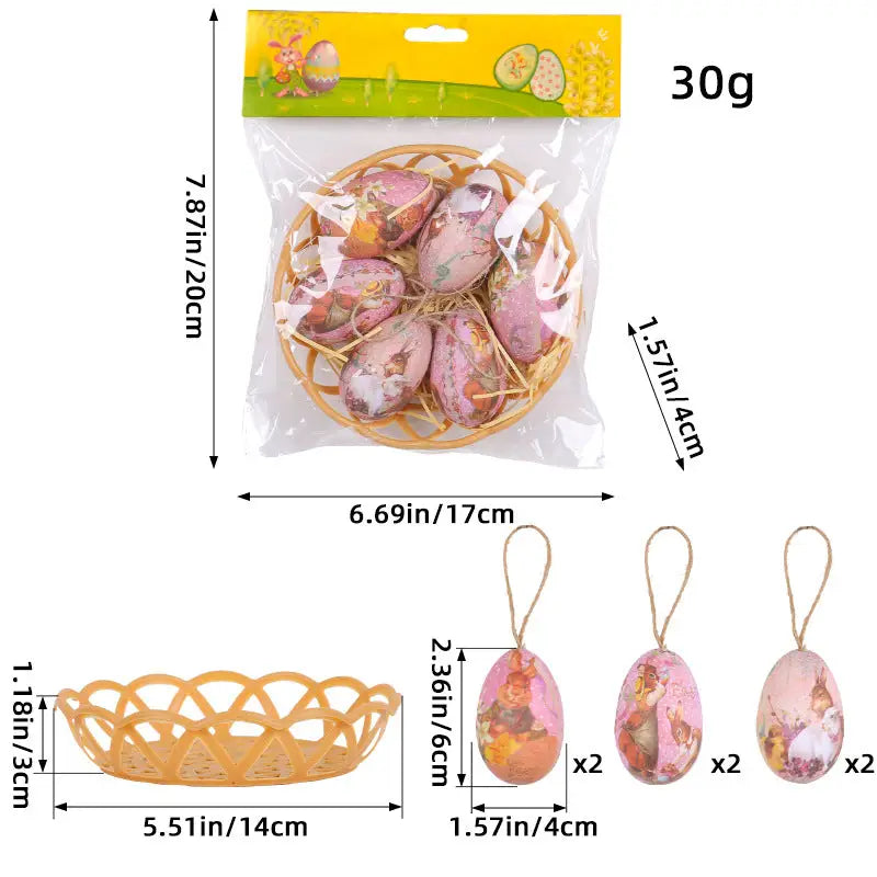 Two Rabbits Five Sets Of Six Each Easter Egg Hanging Ornament Set with Creative Woven Basket - Festive Decor for Home