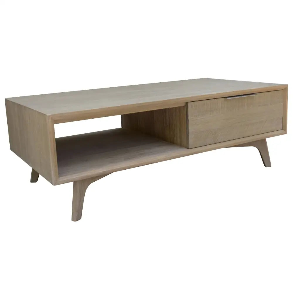 Tyler 130cm Coffee Table 2 Drawer Solid Acacia Timber Brushed Smoke - Furniture > Living Room