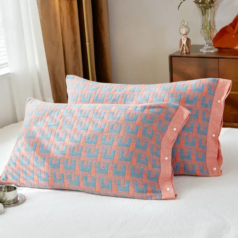 U-shaped orange Snap-On Cotton Gauze Pillowcase Set - Full Coverage Non-Slip Easy Closure (One pair without pillow