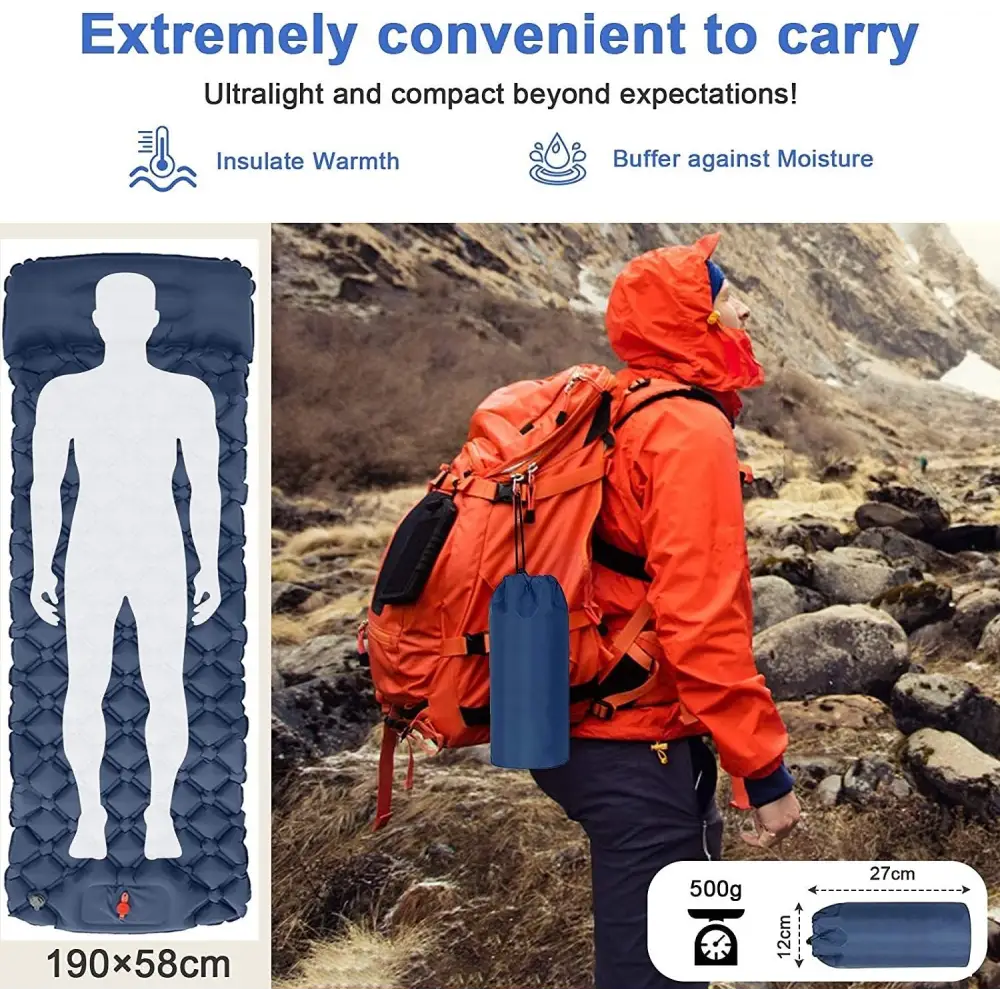 Ultralight Inflatable Camping Sleeping Pad with Pillow for Travelling and Hiking - Home & Garden > Inflatable Mattress