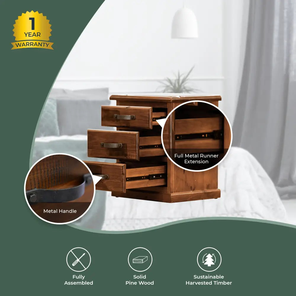 Umber Bedside Tables 3 Drawers Storage Cabinet Shelf Side End Table - Dark Brown - Furniture > Bedroom
