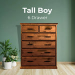 Umber Tallboy 6 Chest of Drawers Solid Pine Wood Storage - Dark Brown - Furniture > Bedroom