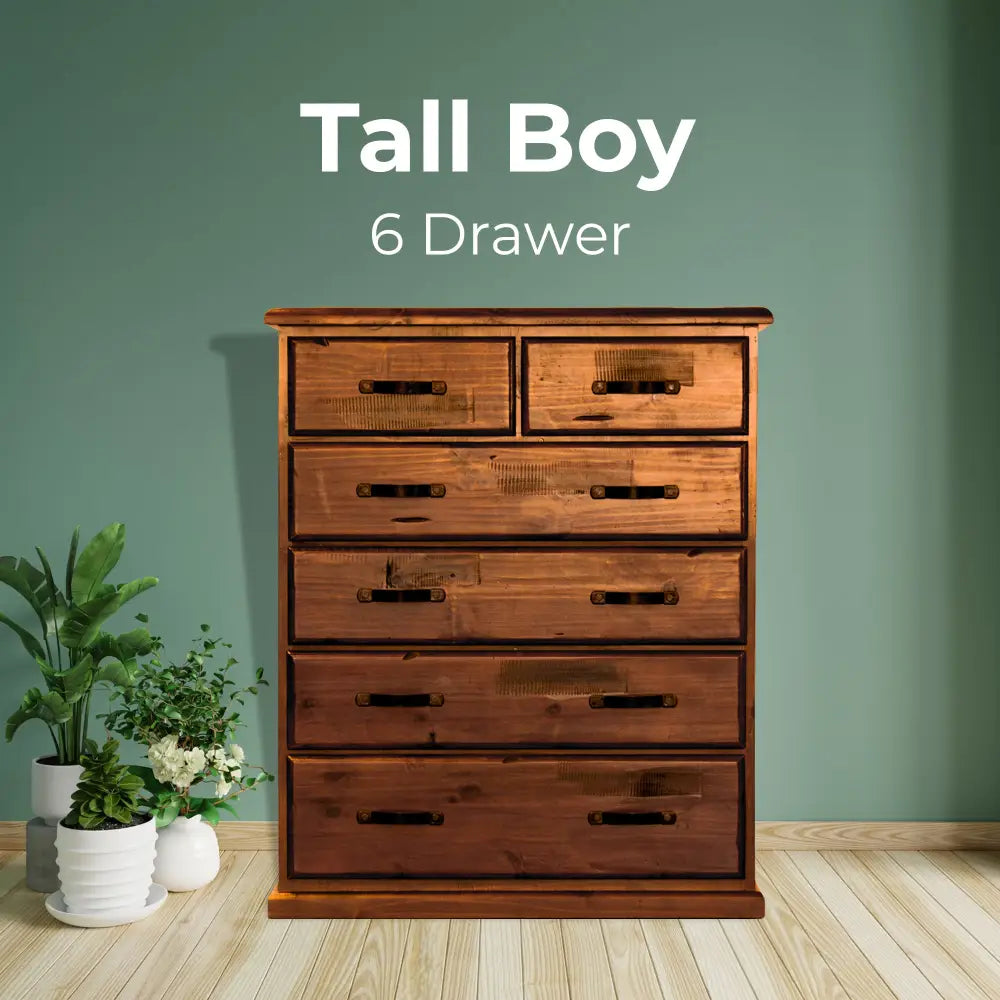 Umber Tallboy 6 Chest of Drawers Solid Pine Wood Storage - Dark Brown - Furniture > Bedroom
