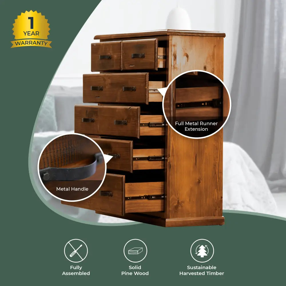 Umber Tallboy 6 Chest of Drawers Solid Pine Wood Storage - Dark Brown - Furniture > Bedroom