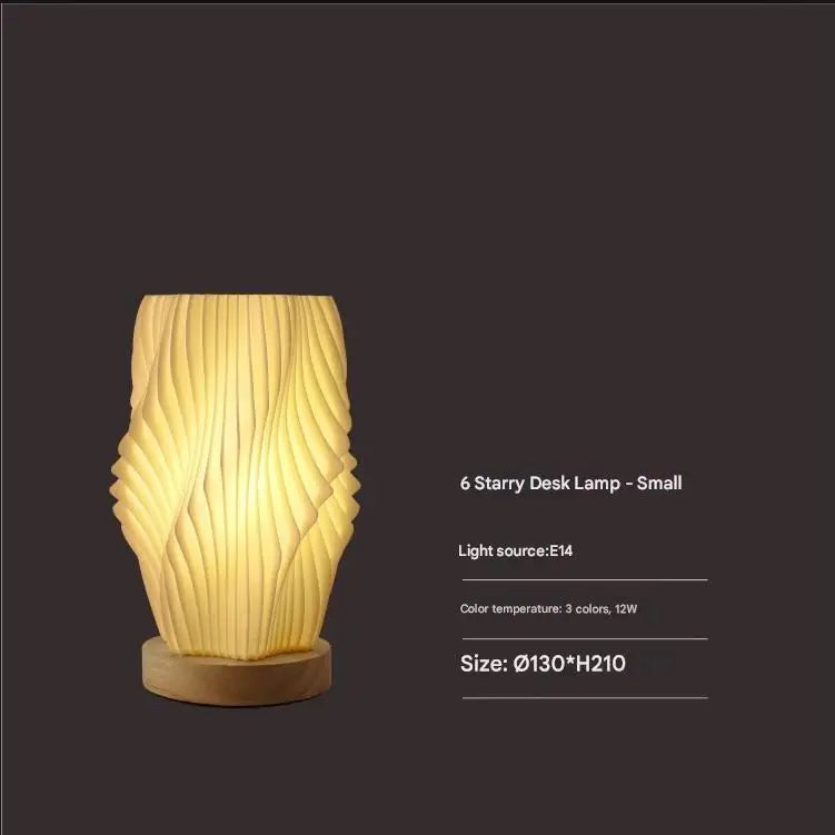 Unique Pleated Design Table Lamp - 3D Printed Washable Shade Wooden Base Adjustable LED (Six-star rotation) - Home &