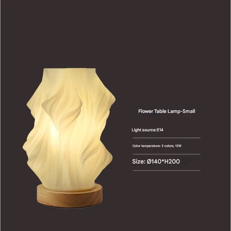 Unique Pleated Design Table Lamp - 3D Printed Washable Shade Wooden Base Adjustable LED (Flowers) - Home & Garden >