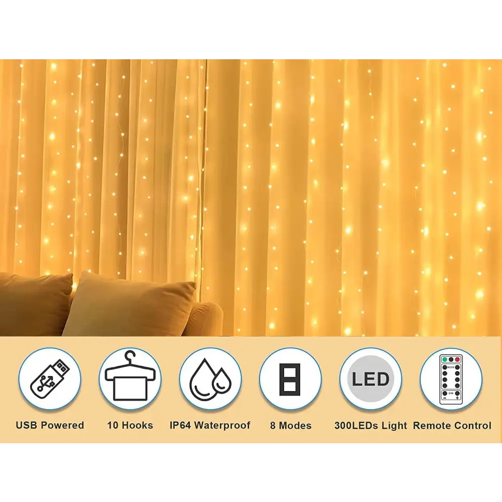 USB Powered 300 LED Curtain String Light with 8 Modes and Remote Control for Bedroom Party Wedding Decorations - Home &