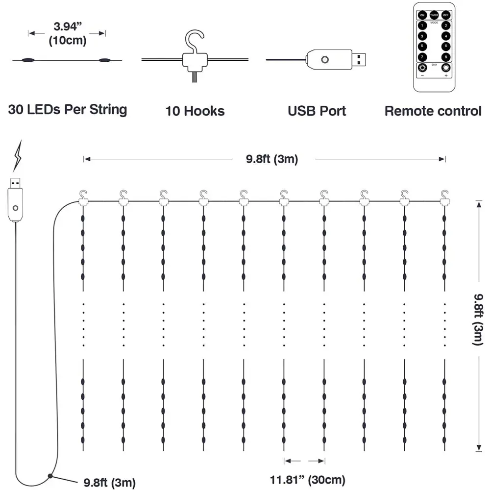 USB Powered 300 LED Curtain String Light with 8 Modes and Remote Control for Bedroom Party Wedding Decorations - Home &