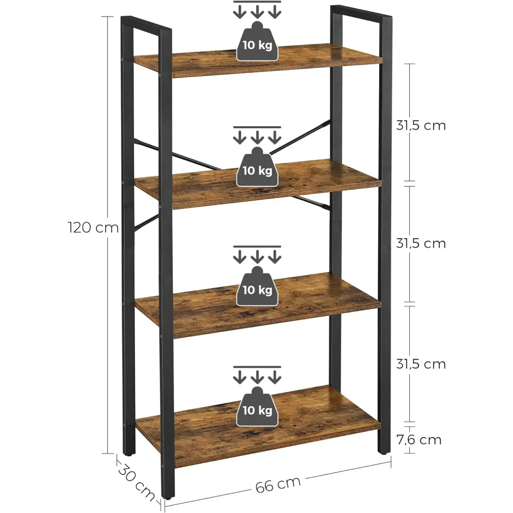 VASAGLE 4-Tier Bookshelf Storage Rack with Steel Frame for Living Room Office Study Hallway Industrial Style Rustic