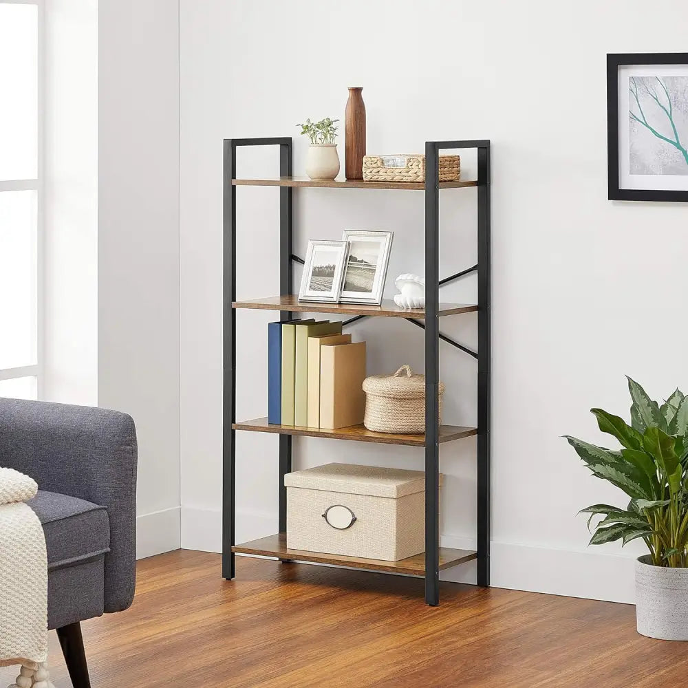 VASAGLE 4-Tier Bookshelf Storage Rack with Steel Frame for Living Room Office Study Hallway Industrial Style Rustic