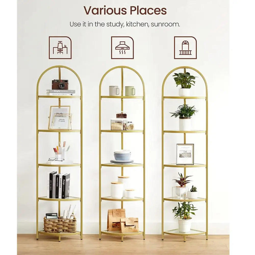 VASAGLE 5 Tier Corner Ladder Bookshelf Tempered Glass Modern Style Golden Color - Furniture > Living Room > Bookcases &