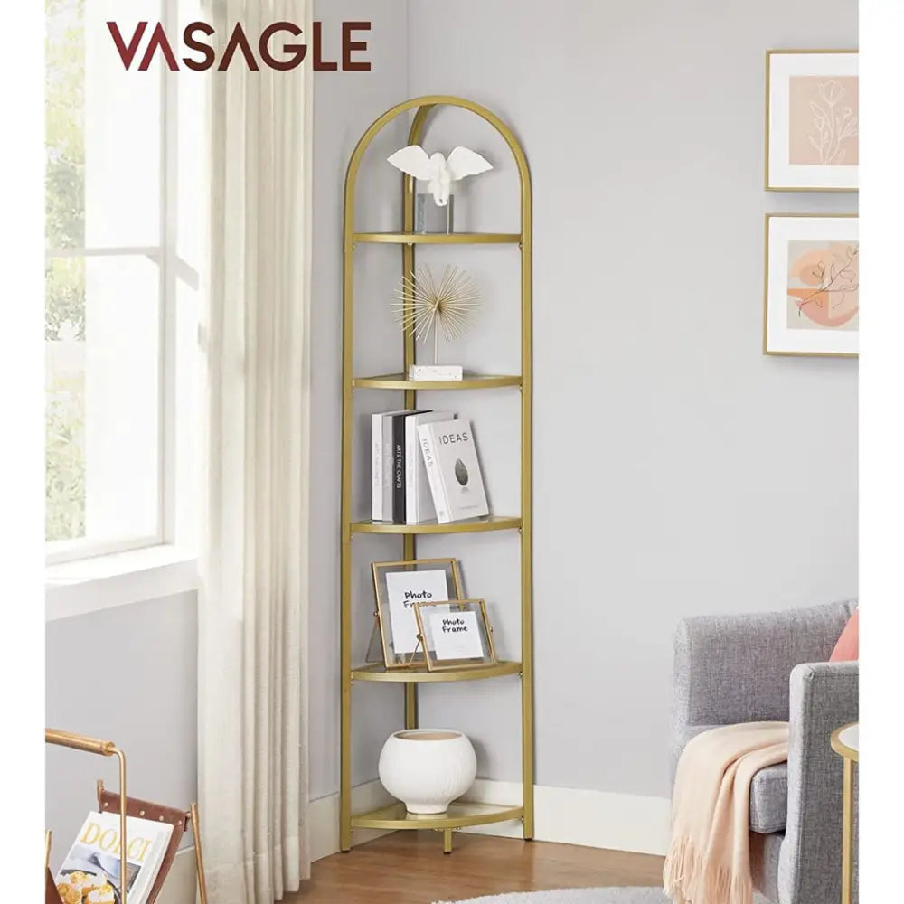 VASAGLE 5 Tier Corner Ladder Bookshelf Tempered Glass Modern Style Golden Color - Furniture > Living Room > Bookcases &