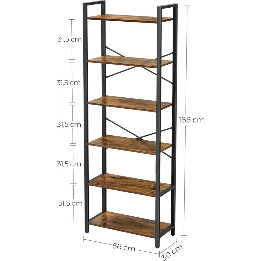 VASAGLE 6-Tier Bookcase Storage Shelf Industrial Design Vintage Brown Black - Furniture > Living Room > Bookcases &