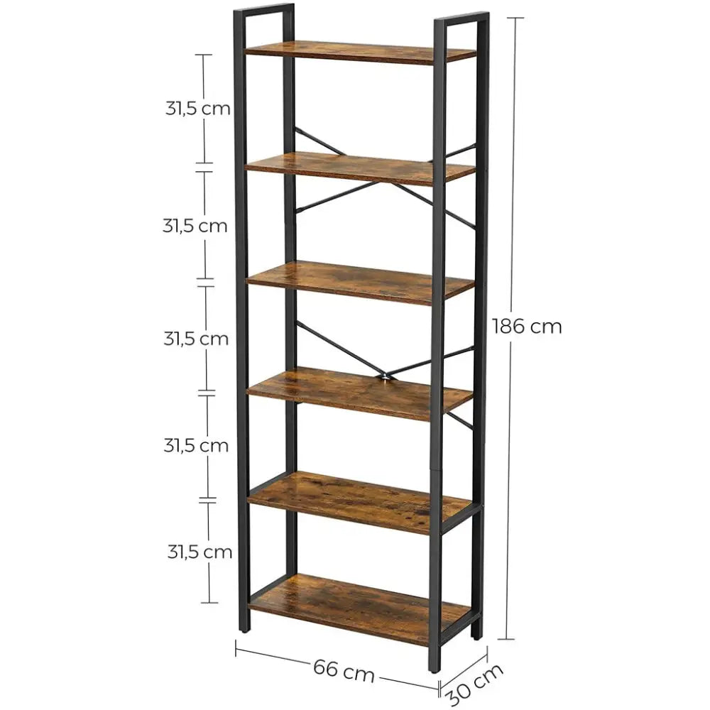 VASAGLE 6-Tier Bookcase Storage Shelf Steel Frame for Living Room Study Office Hallway Industrial Design Vintage Brown