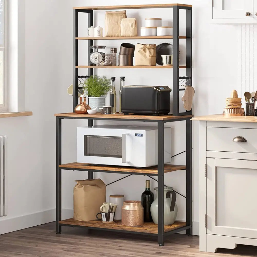 VASAGLE 6 Tier Storage Shelves with 6 Hooks Rustic Brown and Black KKS019B01 - Furniture > Living Room