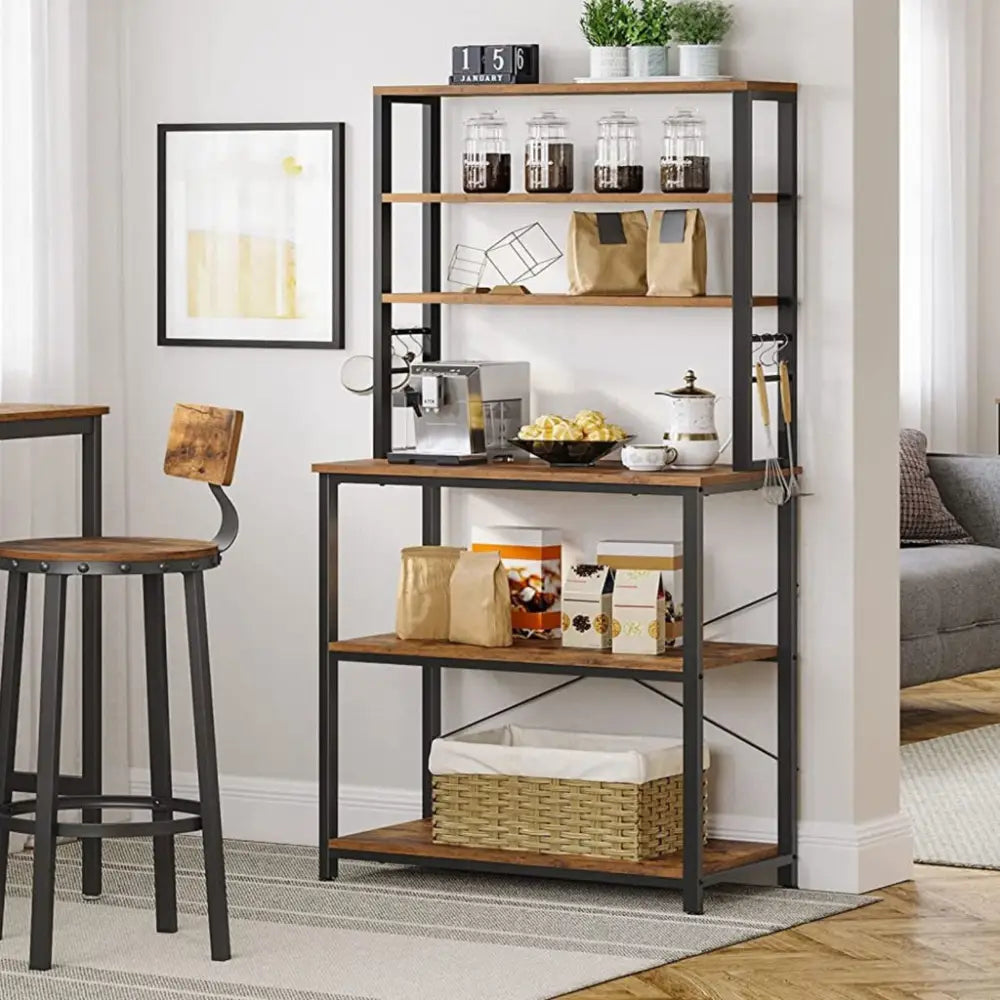 VASAGLE 6 Tier Storage Shelves with 6 Hooks Rustic Brown and Black KKS019B01 - Furniture > Living Room