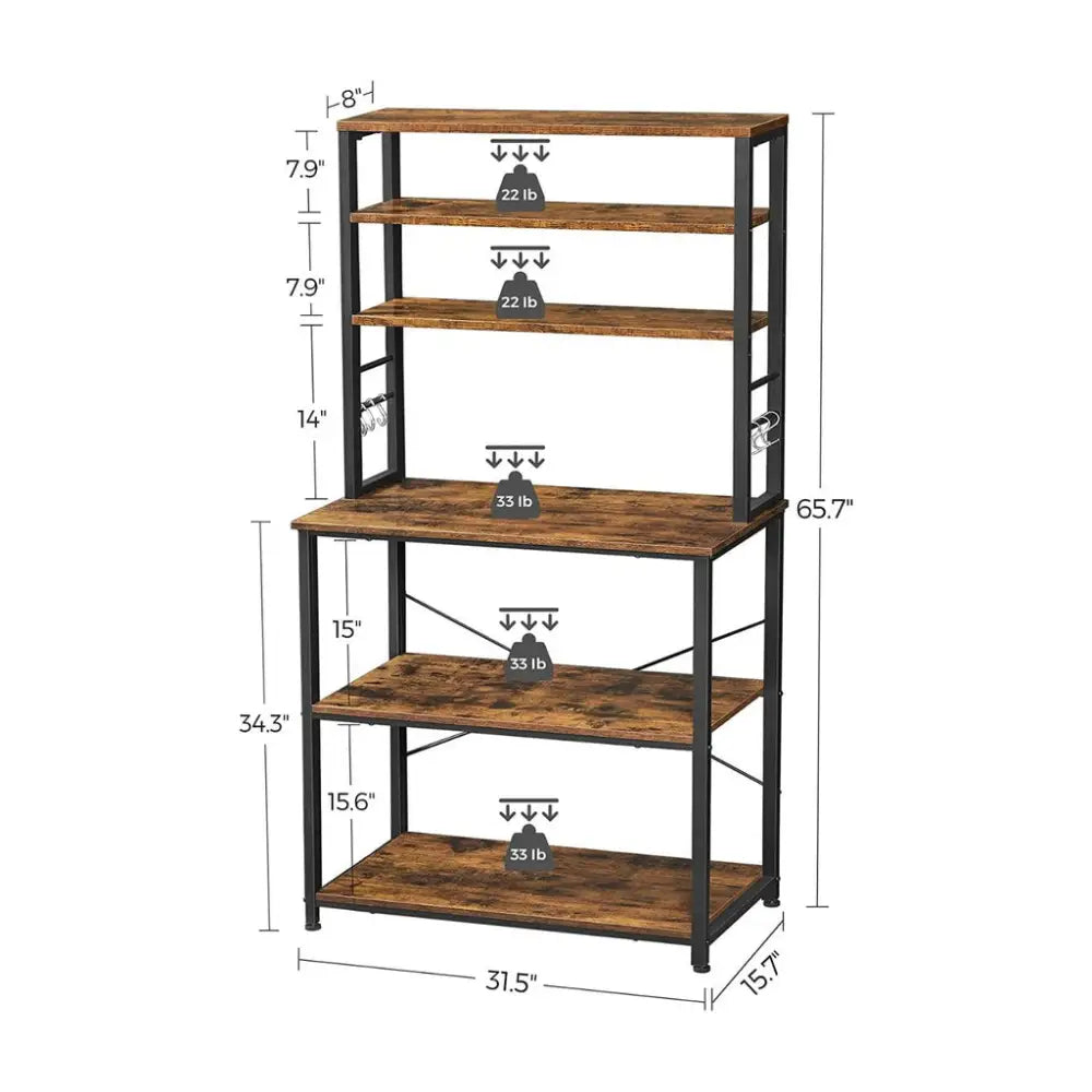 VASAGLE 6 Tier Storage Shelves with 6 Hooks Rustic Brown and Black KKS019B01 - Furniture > Living Room