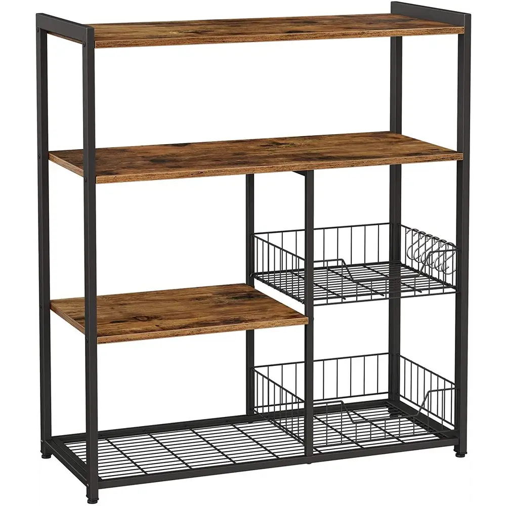 VASAGLE Baker’s Rack Kitchen Island with 2 Metal Mesh Baskets Shelves and Hooks Industrial Style Rustic Brown KKS96X