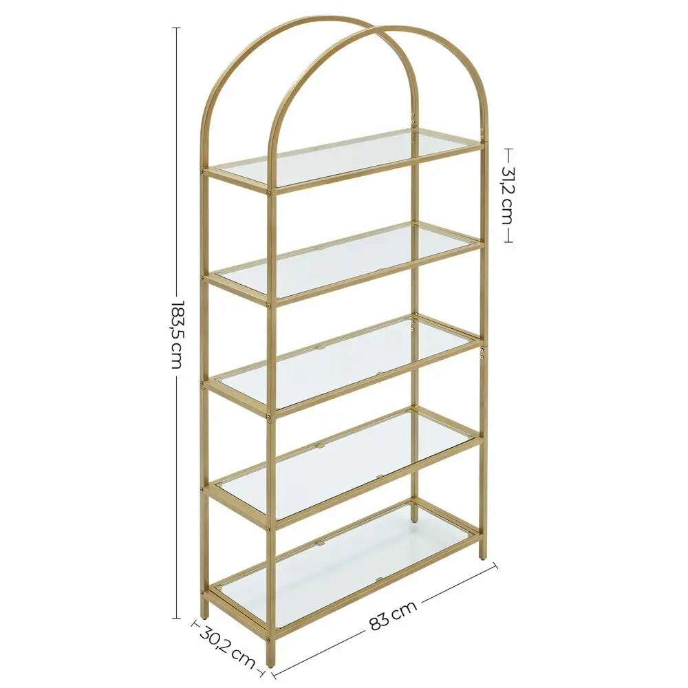 VASAGLE Bookshelf 5 Tier Tempered Glass with Gold Metal Frame LGT050A01 - Furniture > Living Room
