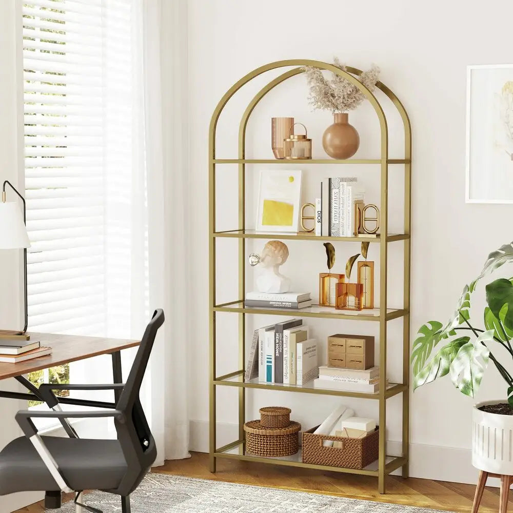 VASAGLE Bookshelf 5 Tier Tempered Glass with Gold Metal Frame LGT050A01 - Furniture > Living Room