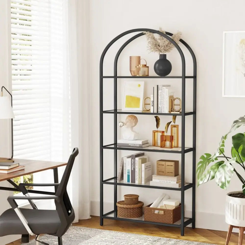 VASAGLE Bookshelf 5 Tier Tempered Glass with Metal Frame Black - Furniture > Living Room > Bookcases & Shelves