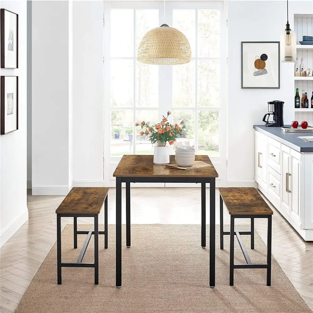 VASAGLE Dining Table Set with 2 Benches Rustic Brown and Black KDT070B01 - Furniture > Dining