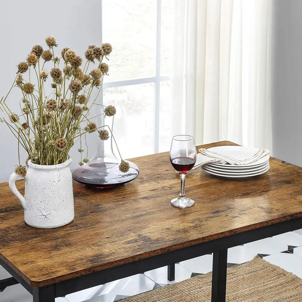 VASAGLE Dining Table Set with 2 Benches Rustic Brown and Black KDT070B01 - Furniture > Dining