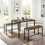 VASAGLE Dining Table Set with 2 Benches Rustic Brown and Black KDT070B01 - Furniture > Dining
