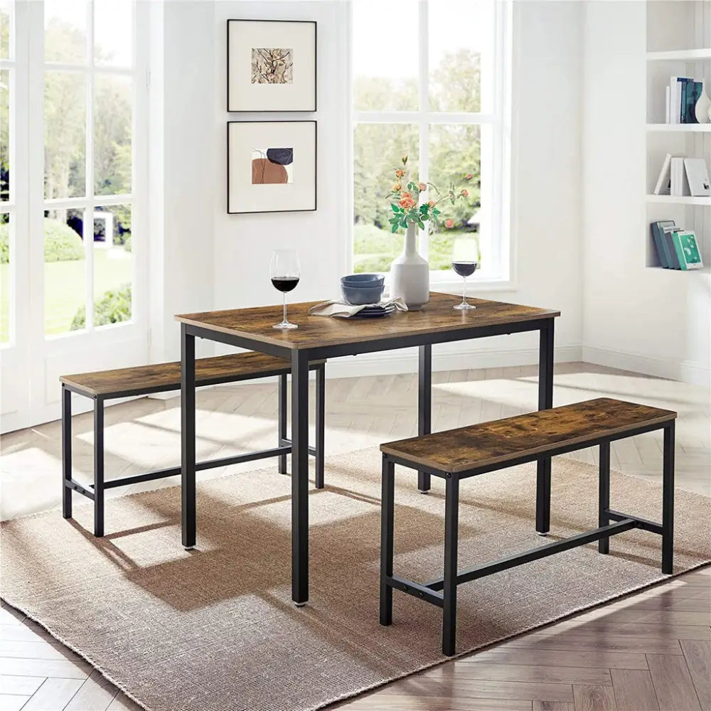 VASAGLE Dining Table Set with 2 Benches Rustic Brown and Black KDT070B01 - Furniture > Dining