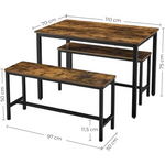 VASAGLE Dining Table Set with 2 Benches Rustic Brown and Black KDT070B01 - Furniture > Dining
