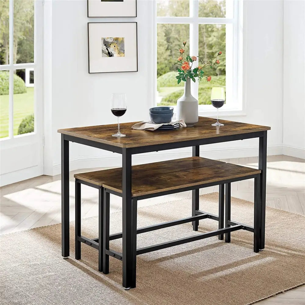VASAGLE Dining Table Set with 2 Benches Rustic Brown and Black KDT070B01 - Furniture > Dining