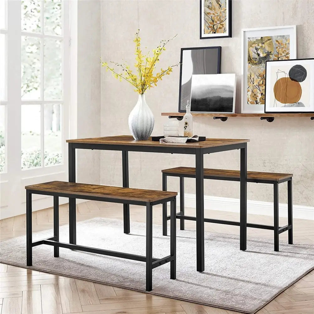 VASAGLE Dining Table Set with 2 Benches Rustic Brown and Black KDT070B01 - Furniture > Dining