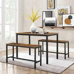 VASAGLE Dining Table Set with 2 Benches Rustic Brown and Black KDT070B01 - Furniture > Dining
