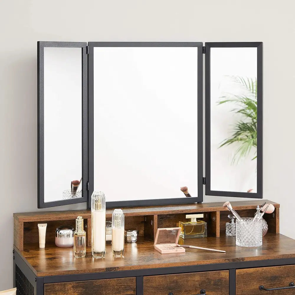 VASAGLE Dresser Table with Trifold Mirror Rustic Brown and Black - Baby & Kids > Kid’s Furniture > Kid’s Dressers