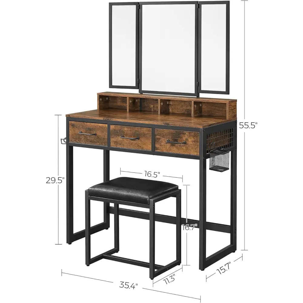 VASAGLE Dresser Table with Trifold Mirror Rustic Brown and Black - Baby & Kids > Kid’s Furniture > Kid’s Dressers