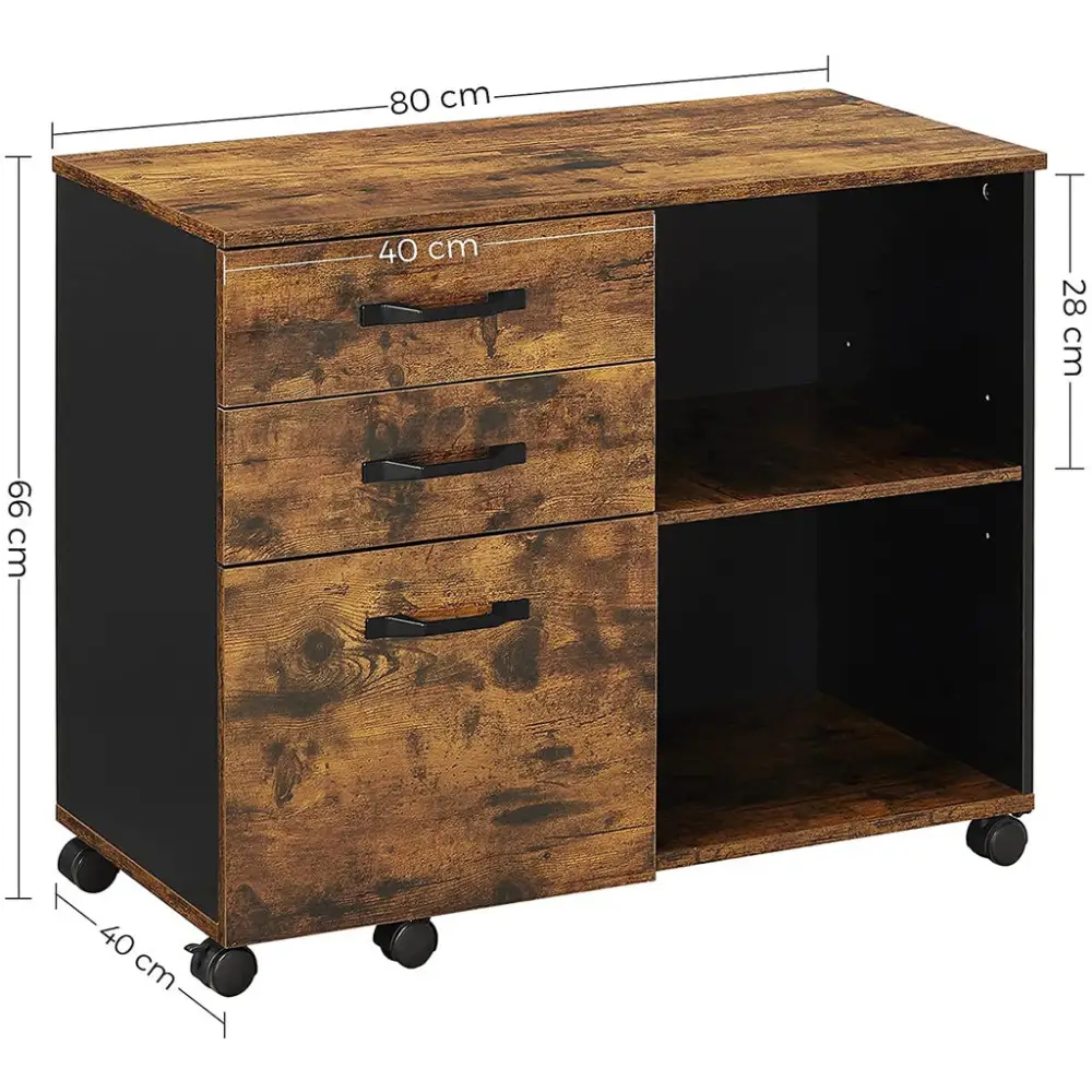 VASAGLE File Cabinet with 3 Drawer Mobile Lateral Filing Cabinet with Open Compartments Rustic Brown and Black