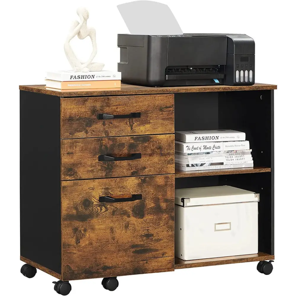 VASAGLE File Cabinet with 3 Drawer Mobile Lateral Filing Cabinet with Open Compartments Rustic Brown and Black
