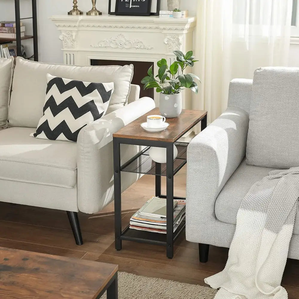 VASAGLE INDESTIC Side Table 3-Tier End Table with Mesh Shelves Industrial Design Rustic Brown - Furniture > Living Room