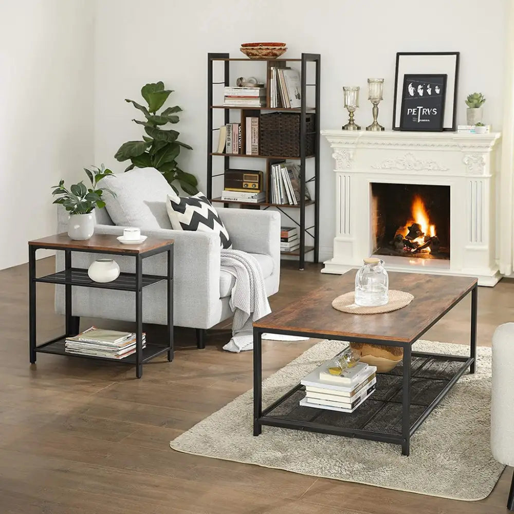 VASAGLE INDESTIC Side Table 3-Tier End Table with Mesh Shelves Industrial Design Rustic Brown - Furniture > Living Room