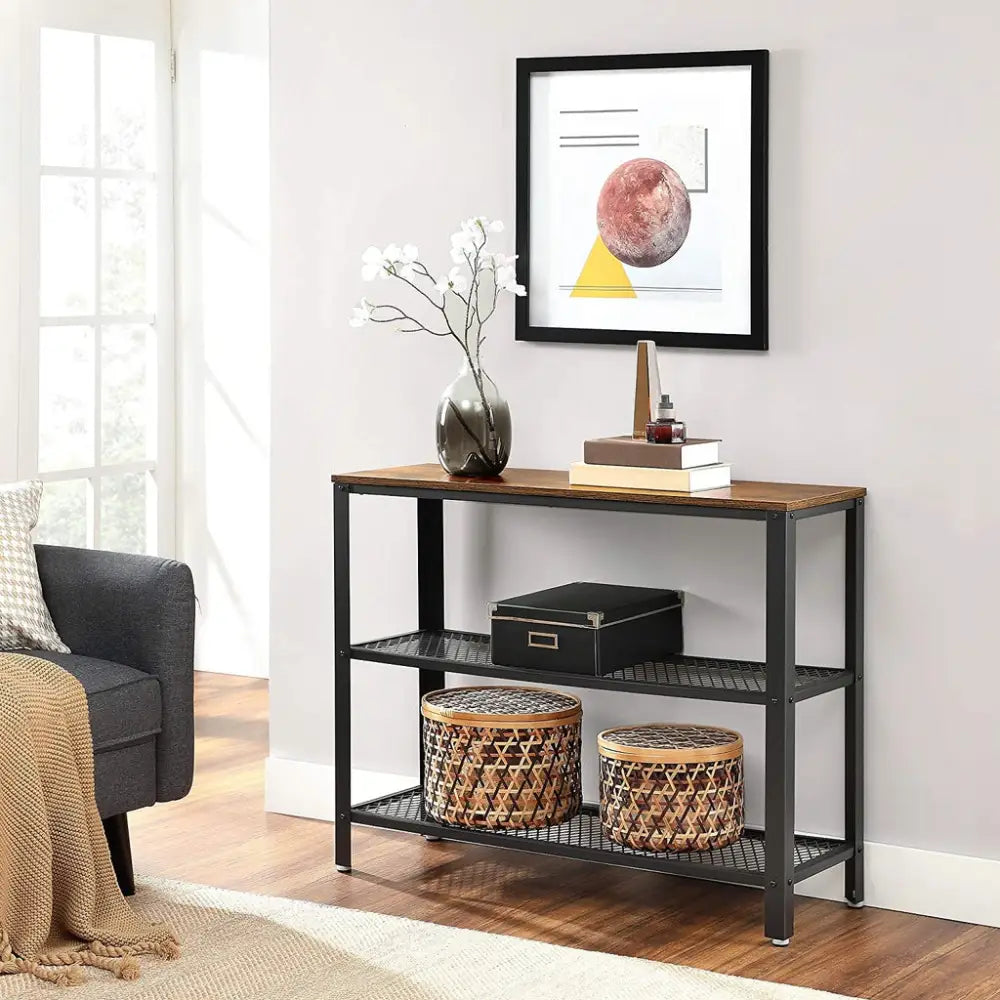 VASAGLE Industrial Console Table with 2 Mesh Shelves Rustic Brown and Black LNT81BX - Furniture > Living Room
