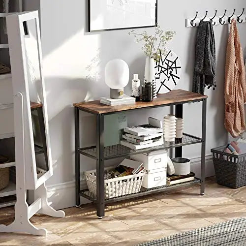VASAGLE Industrial Console Table with 2 Mesh Shelves Rustic Brown and Black LNT81BX - Furniture > Living Room