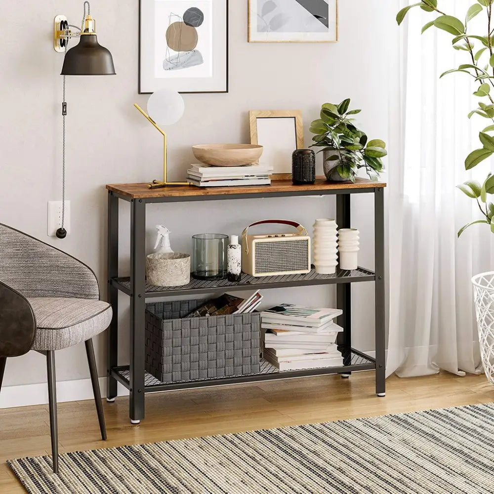 VASAGLE Industrial Console Table with 2 Mesh Shelves Rustic Brown and Black LNT81BX - Furniture > Living Room