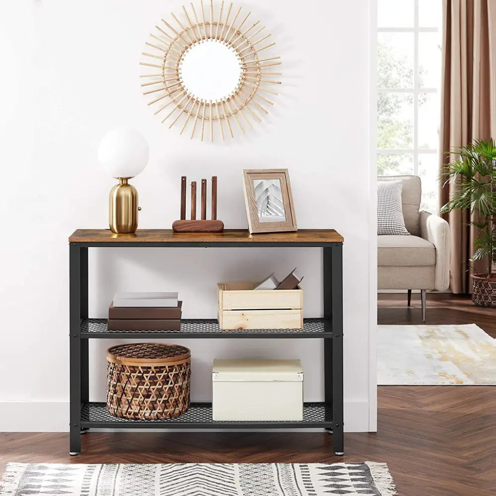VASAGLE Industrial Console Table with 2 Mesh Shelves Rustic Brown and Black LNT81BX - Furniture > Living Room