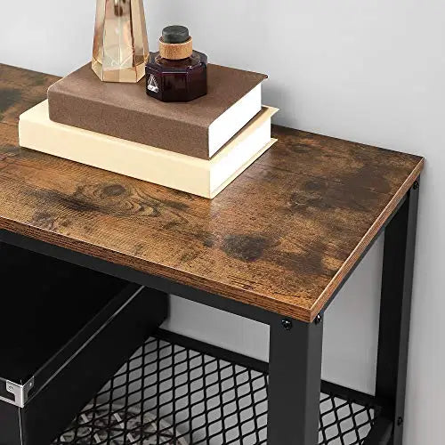 VASAGLE Industrial Console Table with 2 Mesh Shelves Rustic Brown and Black LNT81BX - Furniture > Living Room