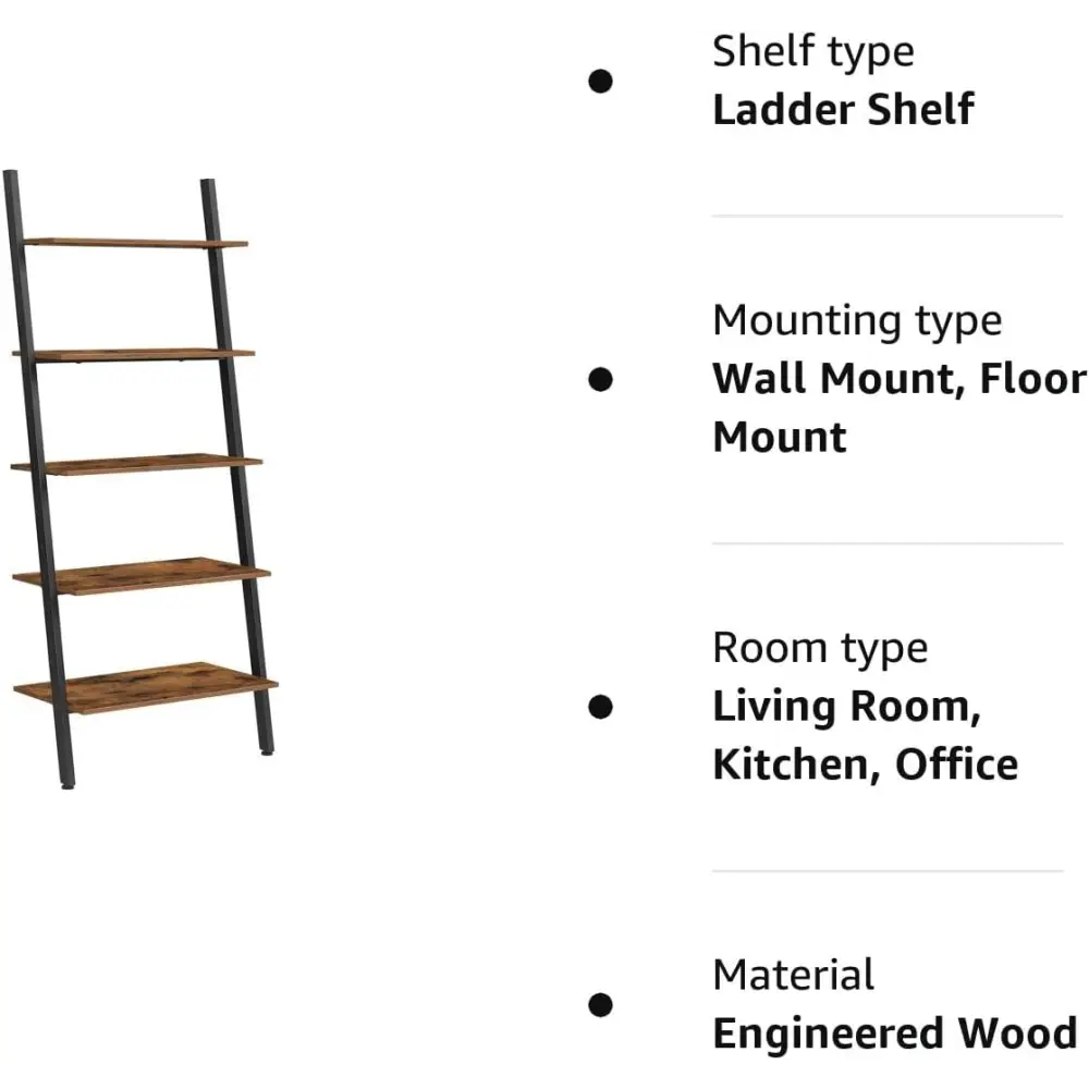 VASAGLE Industrial Ladder Shelf 5-Tier Bookshelf Rack Wall Shelf for Living Room Kitchen Office Stable Steel Leaning