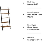 VASAGLE Industrial Ladder Shelf 5-Tier Bookshelf Rack Wall Shelf for Living Room Kitchen Office Stable Steel Leaning