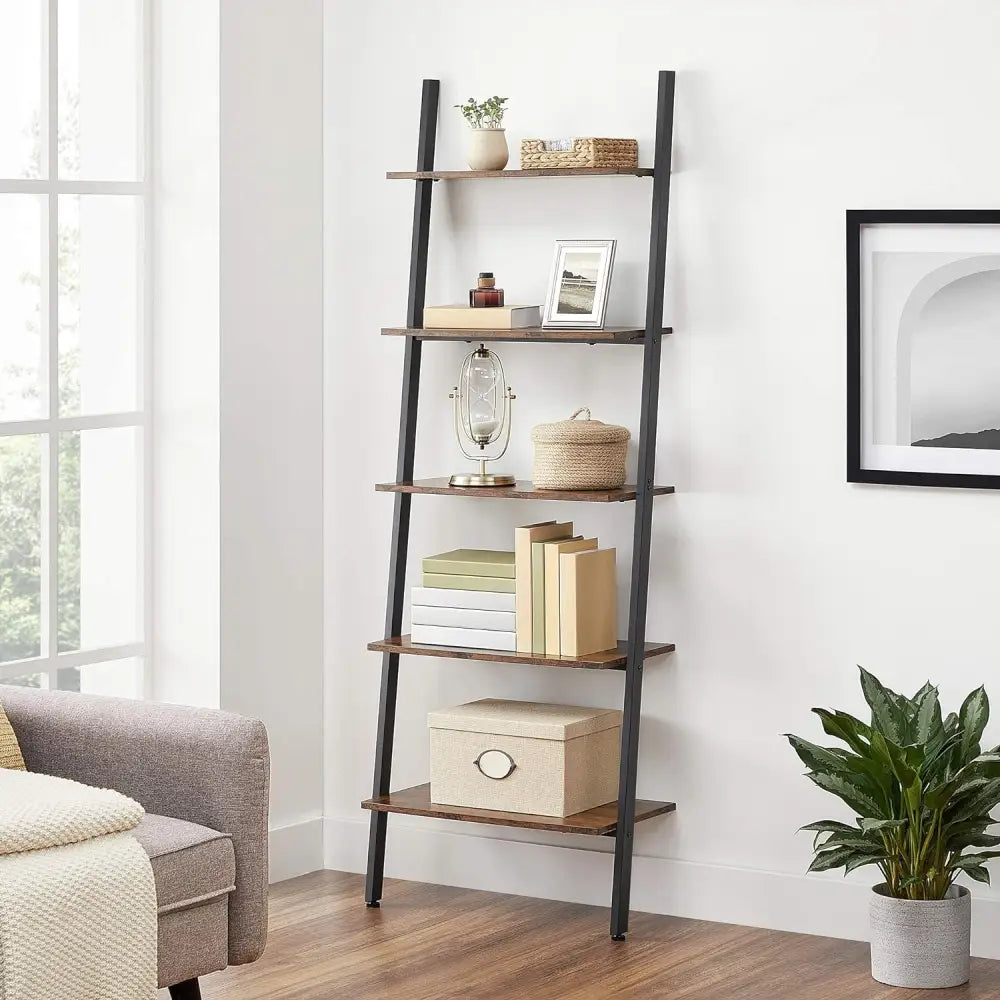 VASAGLE Industrial Ladder Shelf 5-Tier Bookshelf Rack Wall Shelf for Living Room Kitchen Office Stable Steel Leaning