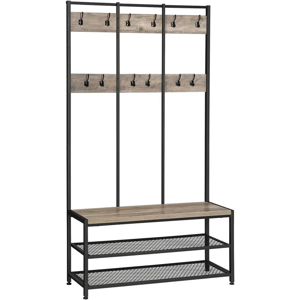VASAGLE Large Coat Rack Stand with 12 Hooks and Shoe Bench Greige and Black HSR086B02V1 - Furniture > Living Room