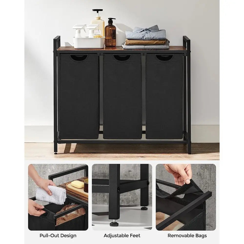 VASAGLE Laundry Hamper with 3 Bags Rustic Brown and Black - Home & Garden > Laundry & Cleaning